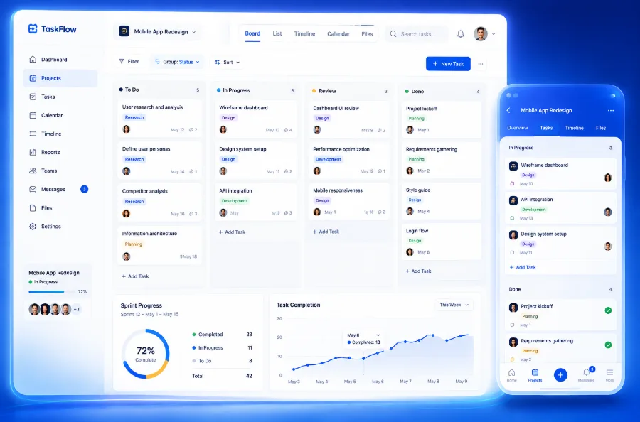TaskFlow proje yönetim paneli arayüzü