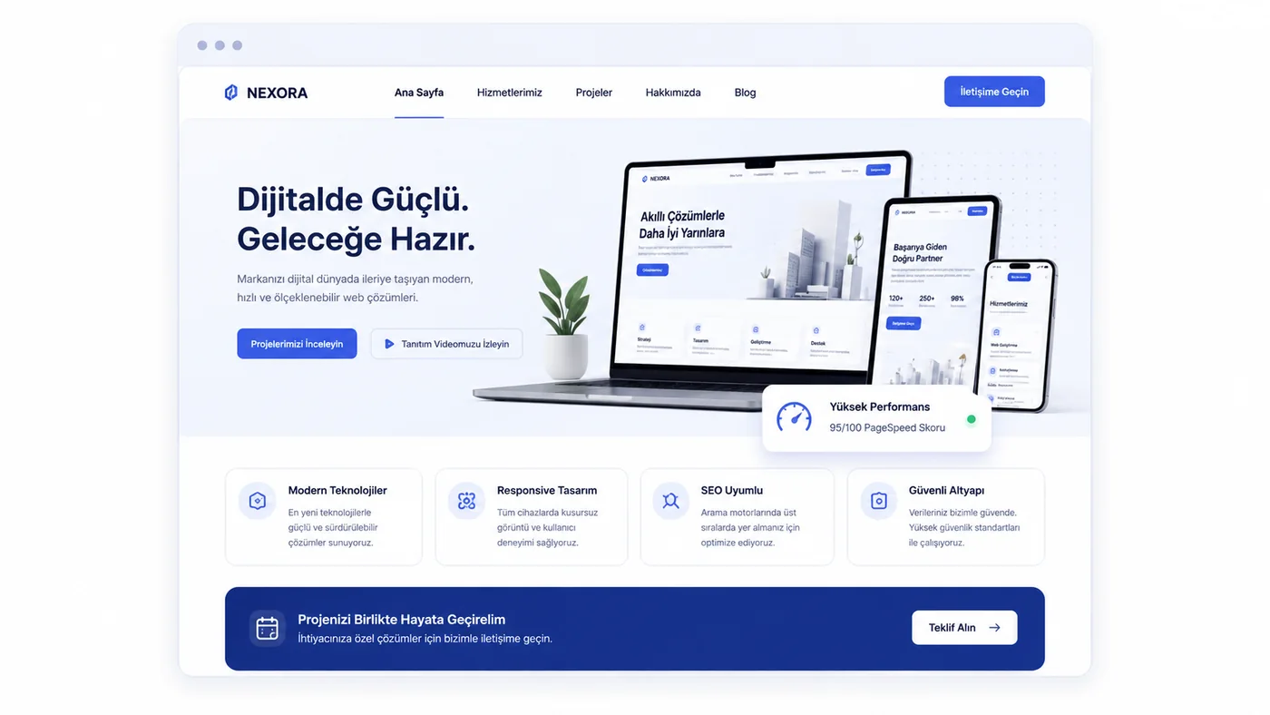 Kurumsal web sitesi arayüzünün masaüstü, tablet ve mobil görünümü